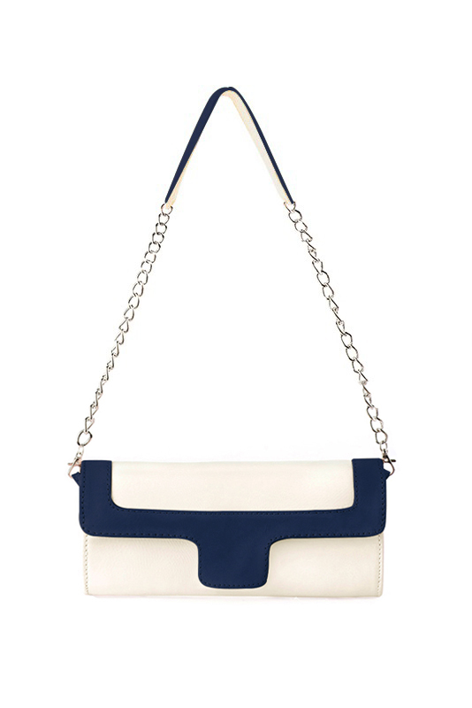 Dress clutch for wedding and parties in off white and navy blue leather - Top view